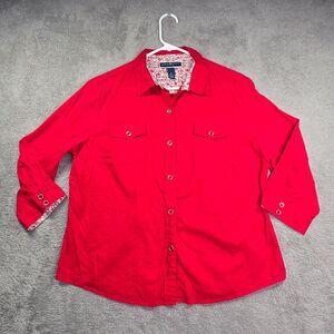 Karen Scott Shirt Women's Petite XL Red Button Up Collared 3/4 Sleeve Contrast